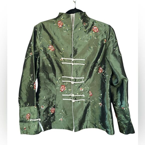 Vintage Green Silk Blend Asian Jacket Fully Lined. Embroidered. Size 10 - Picture 1 of 7